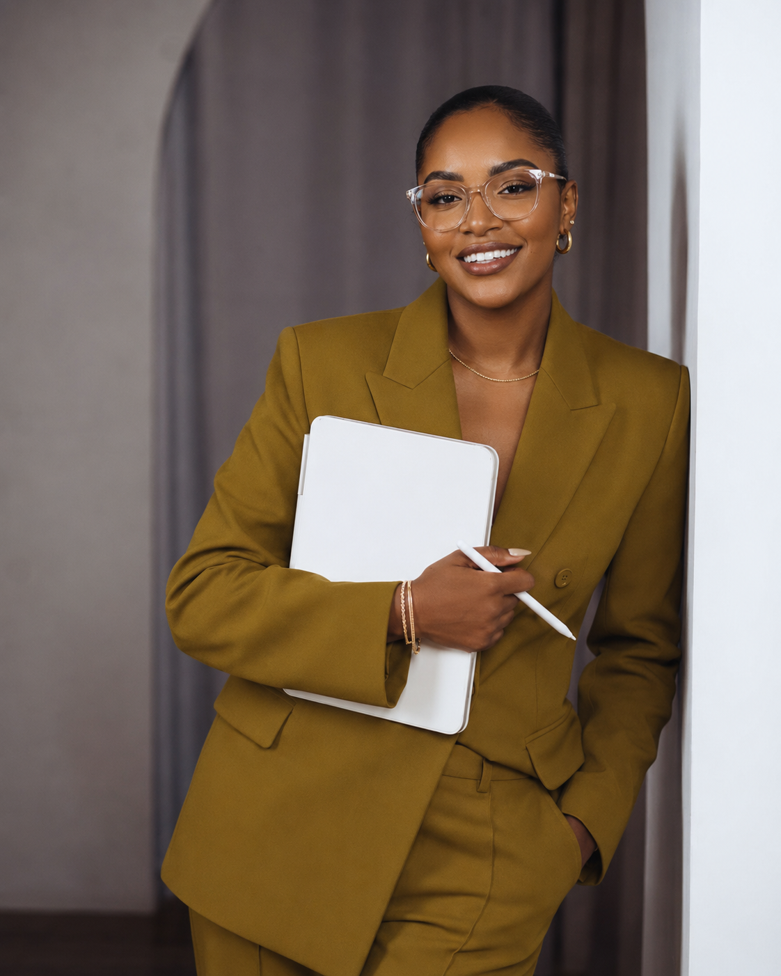 Editorial portrait of a Black woman professional in a minimal modern workspace